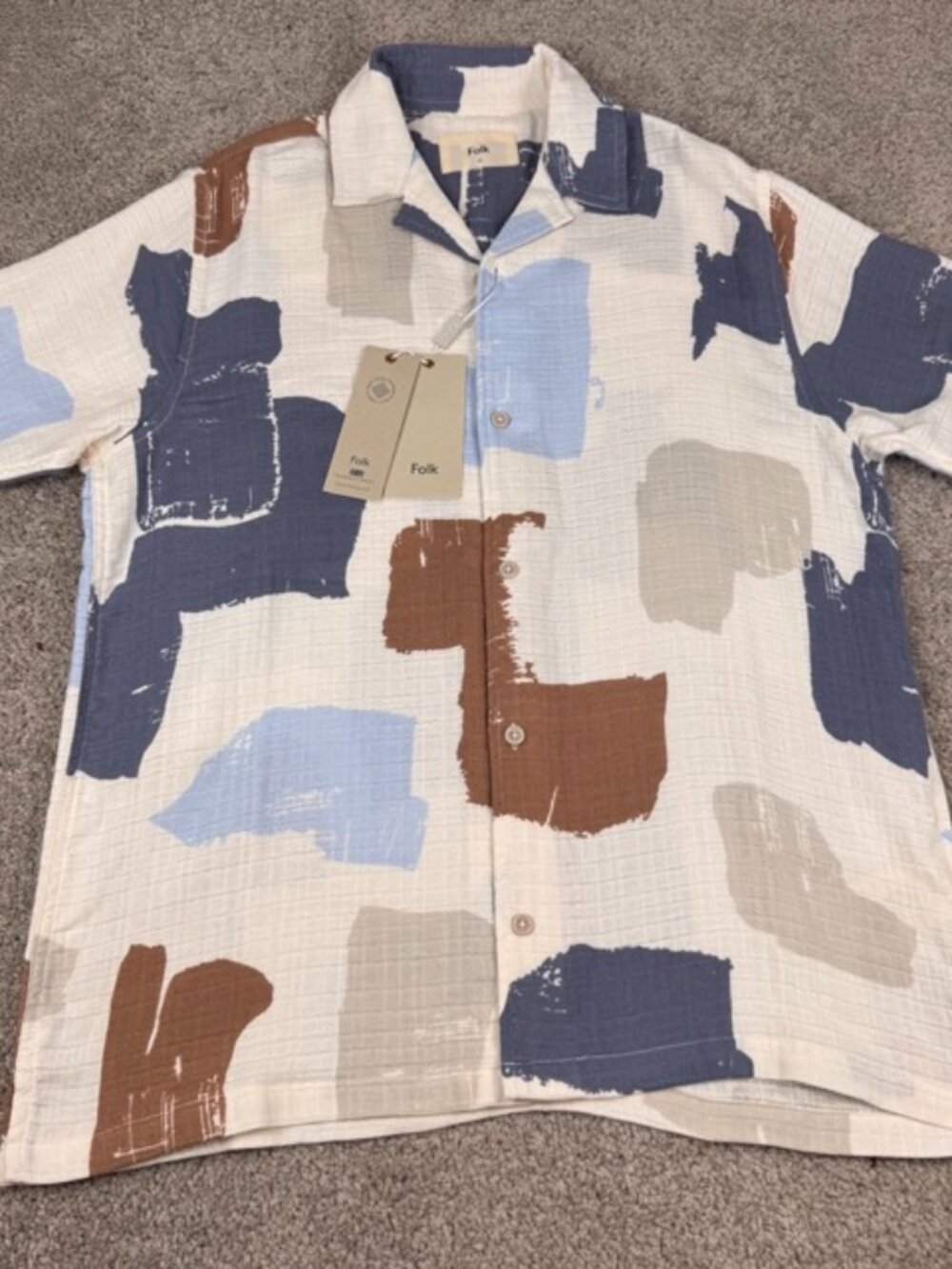 Folk Tawn Short Sleeve Shirt in Blue Abstract Print Men's Size Medium NEW NWT